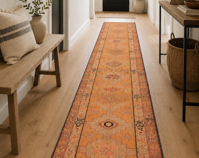3x14 Vintage Turkish Wool Runner Rug, Orange Pink Geometric Hallway Carpet