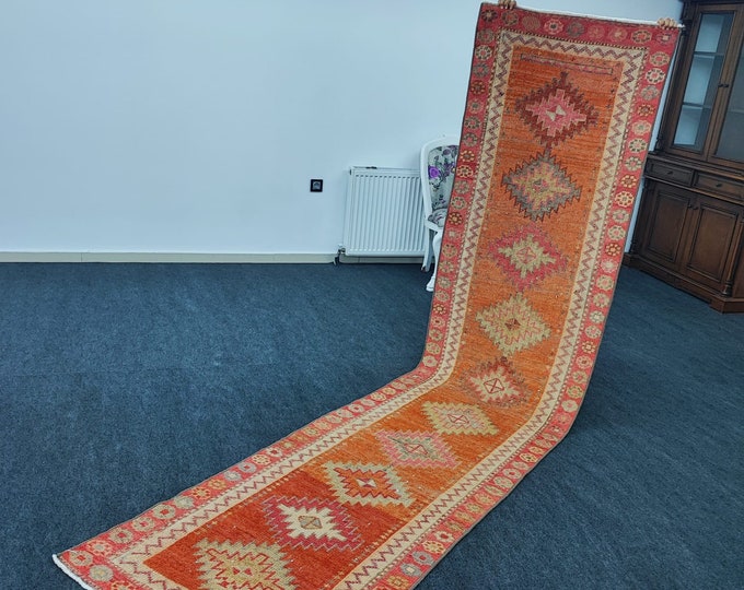 3x11 Vintage Turkish Wool Runner Rug, Burnt Orange Red Geometric Design (2'6" x 11'5")