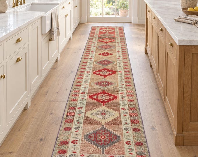3x13 Vintage Turkish Wool Runner Rug, Red Beige Geometric Tribal Hallway Design (2'7" x 12'6")