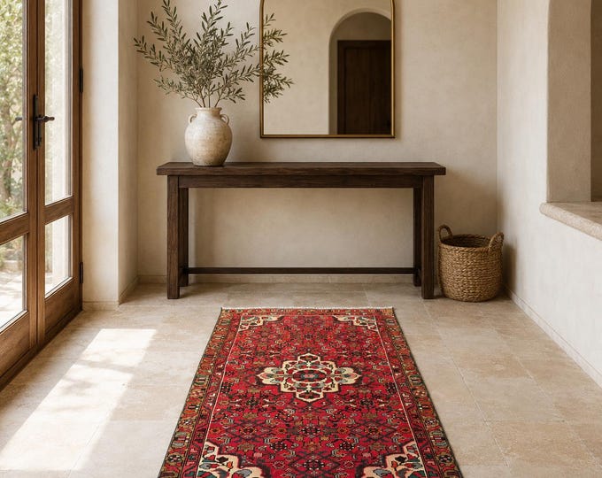 3x5 Vintage Turkish Area Rug, Handmade Wool Red Tribal Carpet, Antique Anatolian Boho Decor
