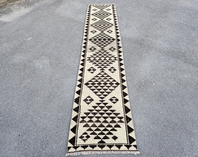 3x12 Vintage Turkish Beni Ourain Runner Rug, Handmade Wool Ivory Brown Geometric Hallway Runner
