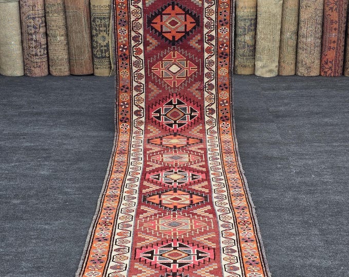 2x14 Vintage Turkish Wool Runner Rug, Rust Red Geometric Long Hallway Carpet (2'1" x 14')