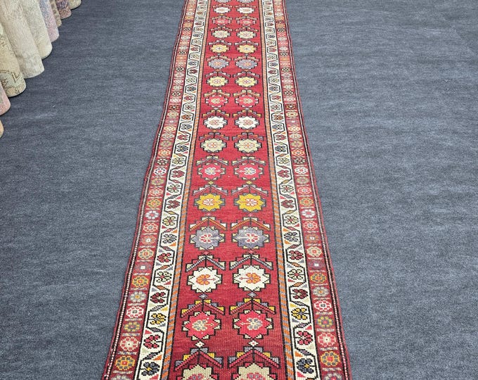 3x13 Vintage Turkish Wool Runner, Deep Red Floral Geometric Hallway Rug (2'10" x 13')