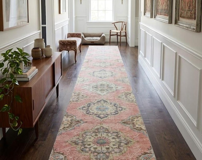 3x20 Vintage Turkish Oushak Runner Rug, Handmade Wool Pink Beige Extra Long Hallway Carpet