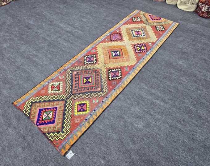 3x8 Vintage Turkish Wool Runner Rug, Colorful Geometric Hallway Rug (2'7" x 7'10")