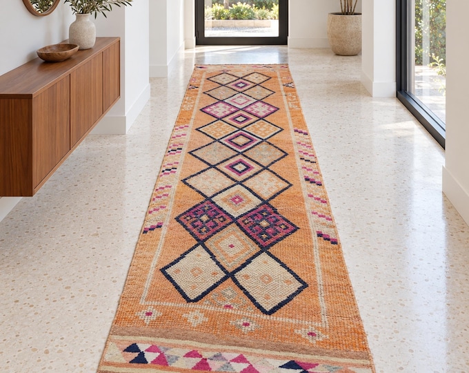 Vintage Turkish Wool Runner Rug, Orange Geometric Anatolian Hallway, 3x12 ft