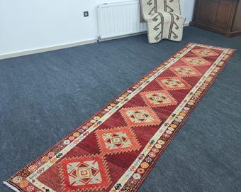 3x13 Ft Pink Peach Herki Runner Rug | Vintage Turkish Wool Hallway Runner | Handmade Tribal Anatolian Rug | Boho Corridor Runner
