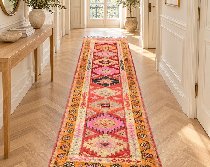 3x10 Vintage Turkish Orange Red Hallway Runner, Handmade Wool Anatolian Tribal Geometric Decor