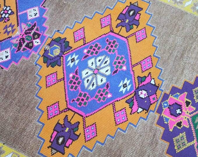3x11 Vintage Turkish Wool Runner Rug, Colorful Geometric Medallion Design (3' x 10'10")