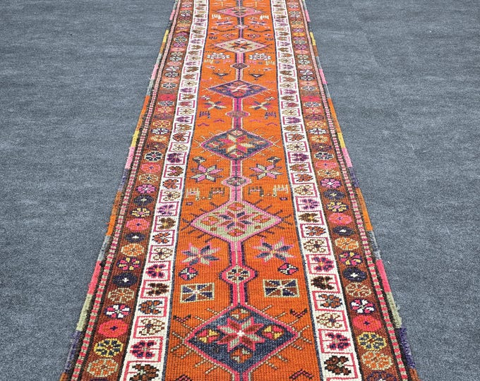 3x11 Vintage Turkish Oushak Wool Runner Rug, Orange Geometric (2'9" x 10'5")