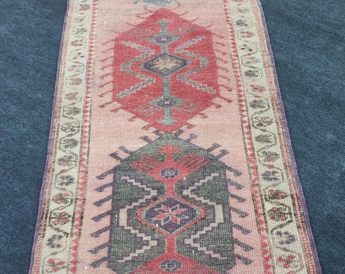 3x14 Vintage Turkish Runner Rug, Faded Blush Pink Geometric Hallway Carpet 3' x 13'7"