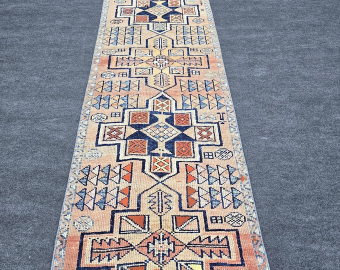2x10 Vintage Turkish Runner Rug, Peach Navy Geometric Hallway Carpet, Actual 2'5" x 10'3"