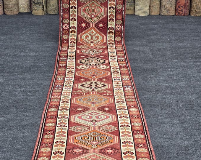 3x14 Vintage Turkish Wool Runner Rug, Red Geometric Hallway Carpet (2'9" x 13'6")
