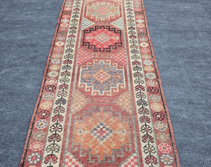3x10 Vintage Turkish Oushak Wool Runner Rug, Faded Rust Geometric Hallway Carpet (2'9" x 9'11")