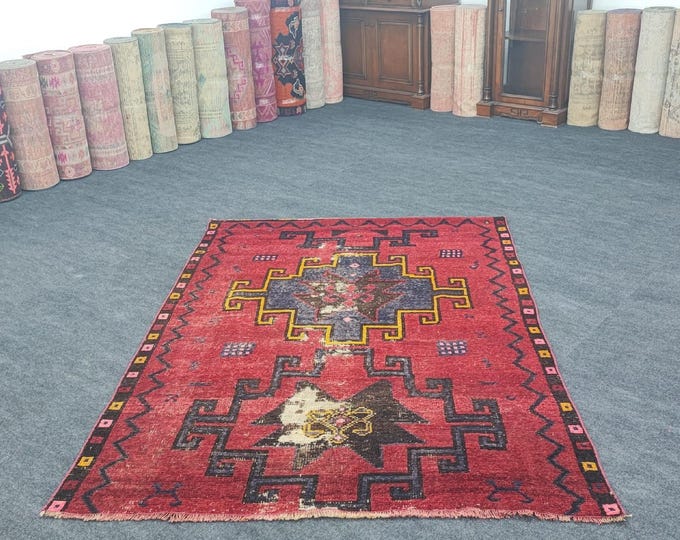 4x7 Vintage Turkish Red Area Rug, Distressed Handmade Wool Carpet for Living Room