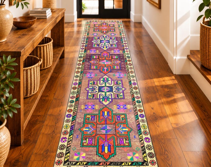 3x11 Vintage Turkish Runner Rug, Colorful Geometric Wool, Purple Brown Anatolian Hallway Decor