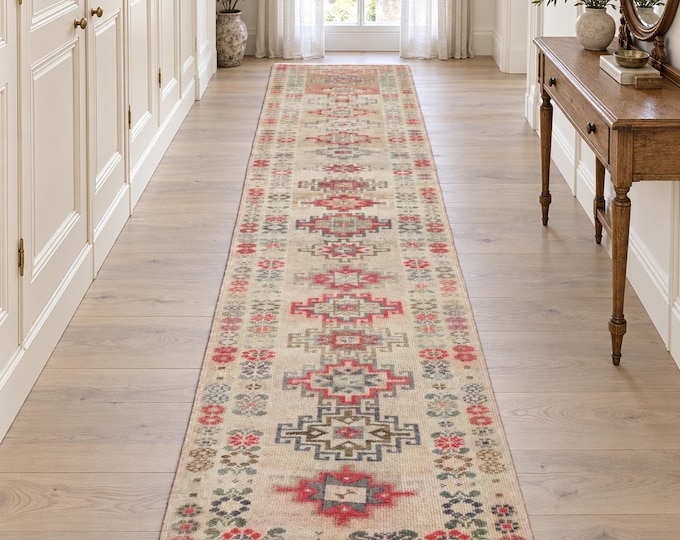 3x12 Vintage Turkish Anatolian Runner Rug, Handmade Wool Beige Red Geometric Hallway Rug