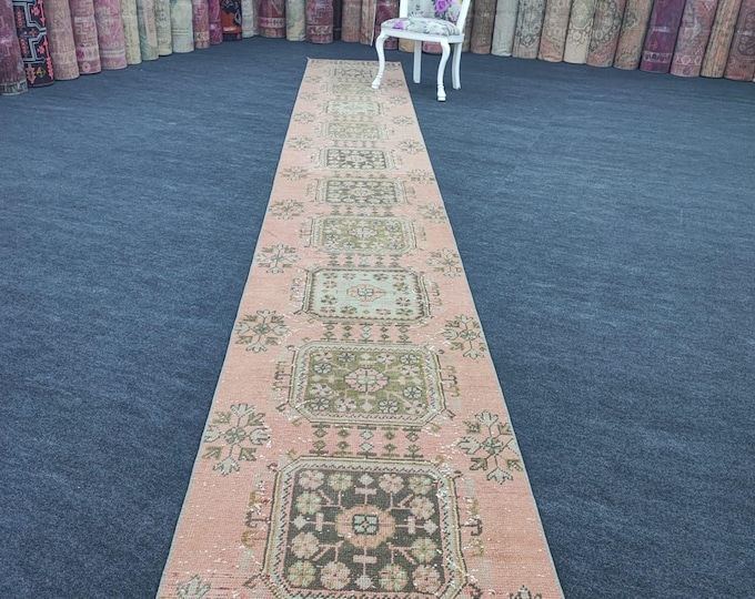 3x19 Vintage Turkish Oushak Runner Rug, Handmade Wool Pink Beige Anatolian Hallway Carpet