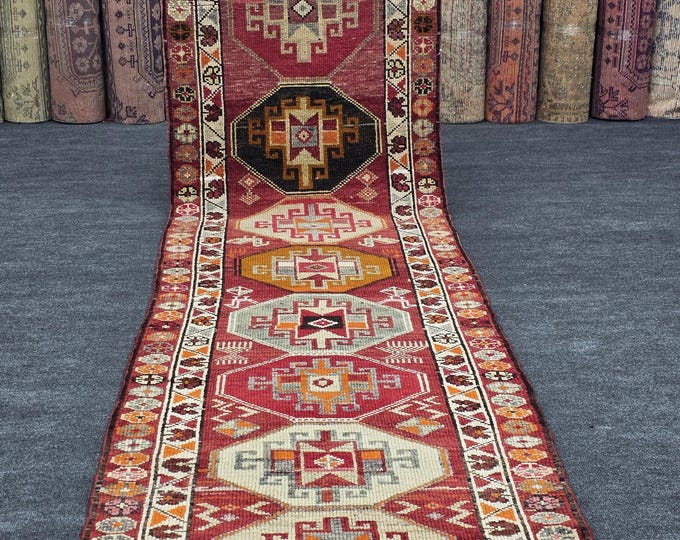 3x11 Burgundy Turkish Runner, Vintage Wool Tribal Hallway Carpet, Handmade Anatolian Geometric Rug
