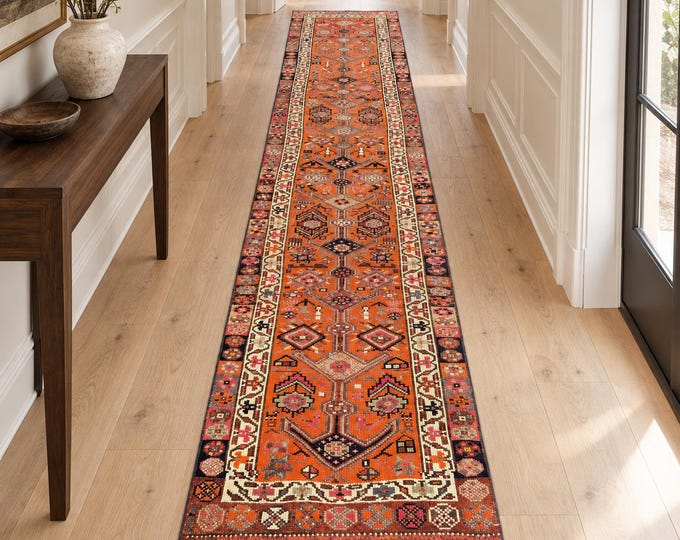 3x12 Vintage Turkish Herki Wool Runner Rug, Orange Tribal Geometric Hallway Rug (2'9" x 12'5")