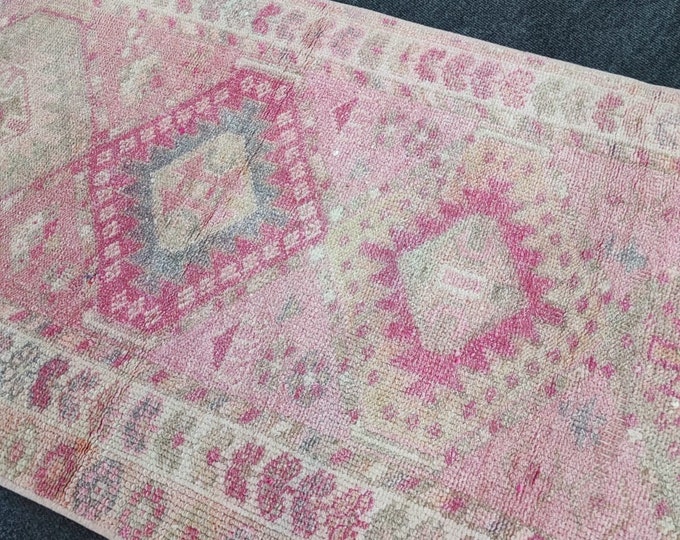 2x13 Vintage Turkish Oushak Runner Rug, Faded Pink Beige Geometric Wool Hallway Rug