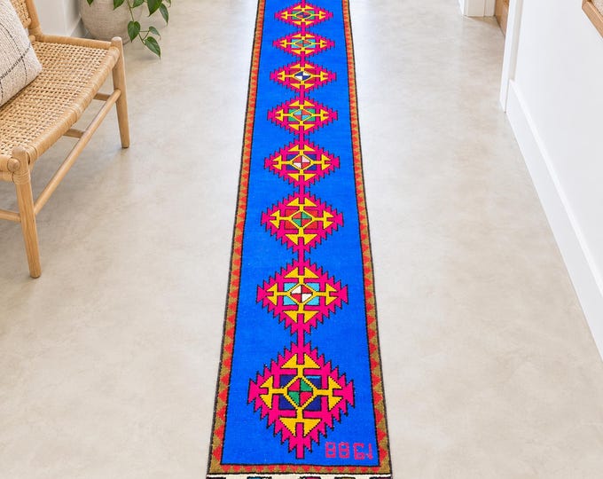 2x11 Vintage Turkish Runner Rug, Blue Pink Handmade Wool Colorful Geometric Anatolian Hallway Runner