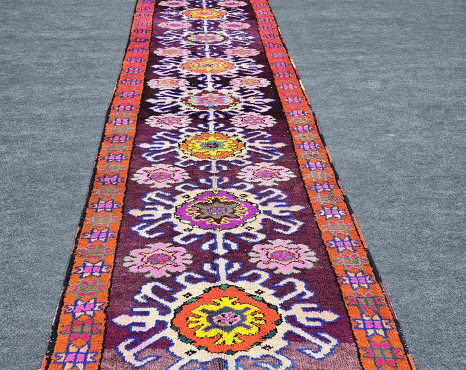 3x13 Vintage Turkish Oushak Rug, Plum Floral Wool Hallway Runner, Colorful Statement Rug