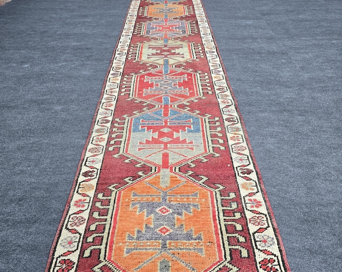3x13 Vintage Turkish Oushak Wool Runner, Rust Red Geometric Hallway Rug (2'9" x 13'1")