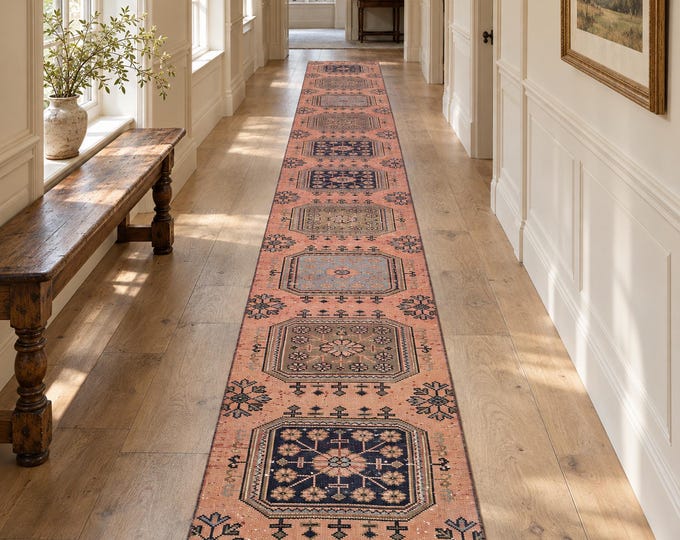 3x21 Vintage Turkish Runner Rug, Handmade Wool, Salmon Blue Medallion, Extra Long Runner