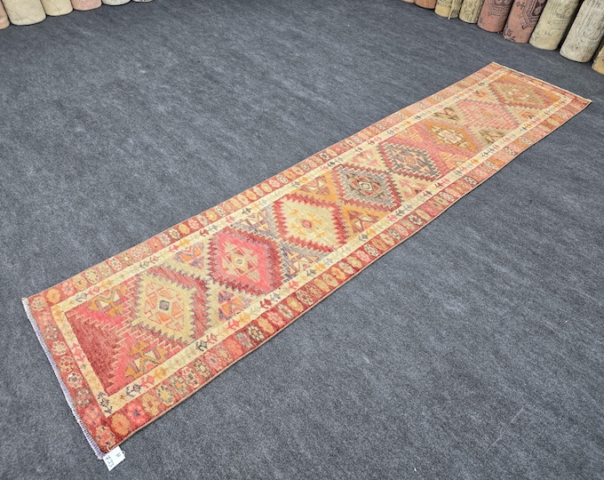 3x11 Vintage Turkish Herki Runner Rug, Handmade Wool Pink Geometric Hallway Rug