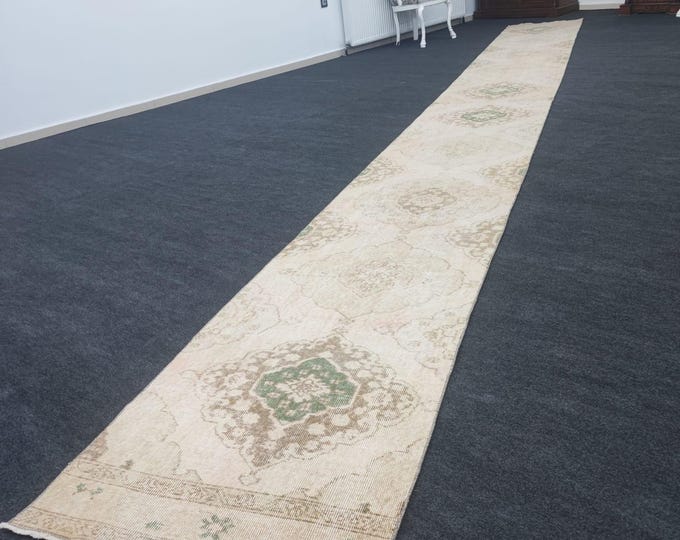 3x24 Extra Long Vintage Turkish Runner, Neutral Beige Green Wool Hallway Rug
