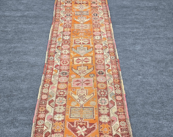 3x11 Vintage Turkish Oushak Wool Runner, Burnt Orange Geometric Hallway Rug (2'9" x 11'4")