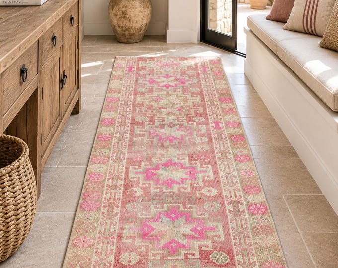 3x7 Vintage Turkish Runner Rug, Pink Beige Wool, Distressed Anatolian Hallway Rug