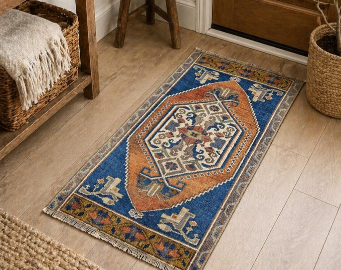 2x3 Vintage Turkish Oushak Rug, Handmade Wool Blue Orange Small Entryway Rug