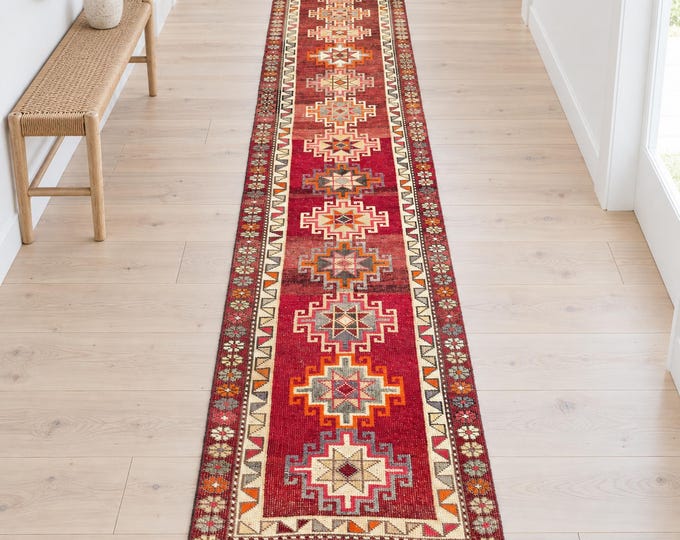 3x14 Vintage Turkish Runner Rug, Faded Red Geometric Wool Extra Long Hallway Runner