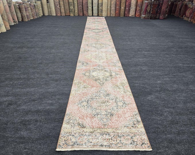 3x21 Vintage Turkish Oushak Runner Rug, Faded Pink Wool Extra Long Hallway Rug