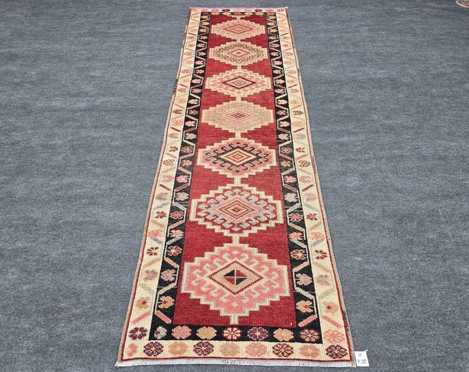 3x9 Vintage Turkish Wool Runner, Red Geometric Anatolian Hallway Rug, Handmade Tribal Carpet
