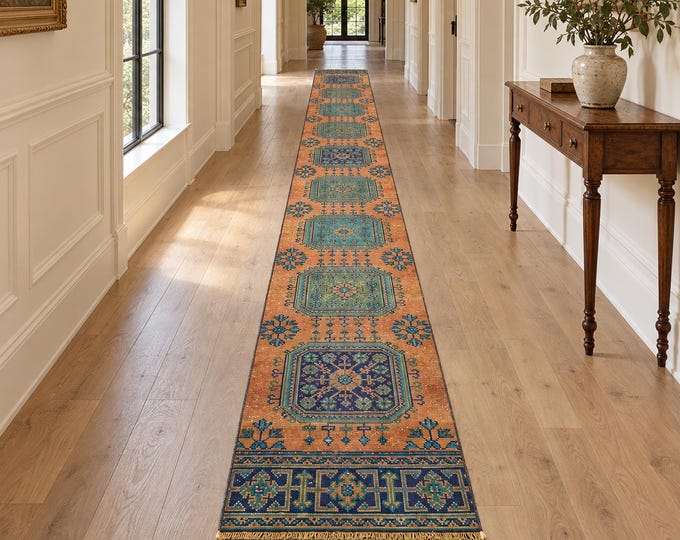 3x19 Vintage Turkish Runner Rug, Orange and Blue Wool, Extra Long Medallion Hallway Runner
