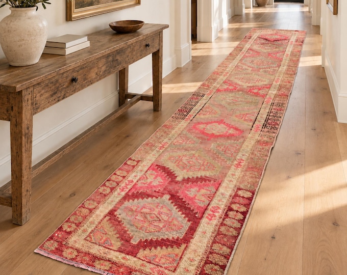 3x14 Vintage Turkish Oushak Runner Rug, Faded Red Pink Geometric Wool Hallway Rug