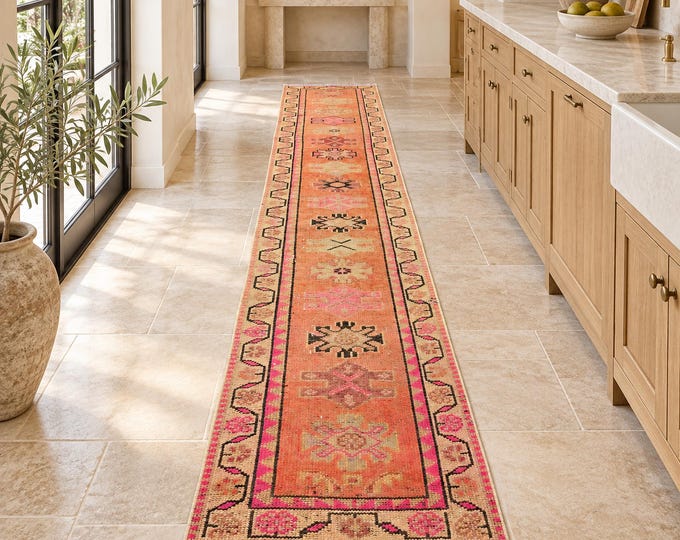 2x12 Vintage Turkish Herki Runner Rug, Handmade Wool Orange Pink Tribal Hallway Rug
