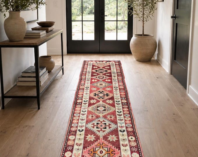 2x11 Vintage Turkish Herki Runner Rug, Handmade Wool Tribal Hallway Rug
