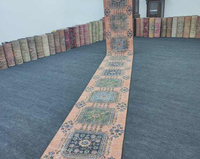 3x21 Vintage Turkish Oushak Runner Rug, Handmade Wool Pastel Anatolian Hallway Carpet