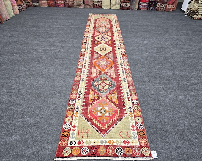 2x13 Vintage Turkish Runner Rug, Red Burgundy Wool Geometric Hallway Rug