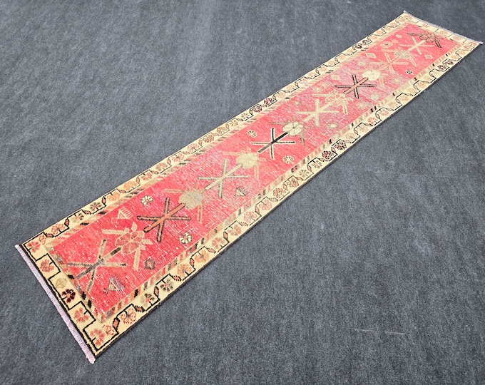 2x11 Vintage Turkish Runner Rug, Coral Red Geometric Wool Hallway Carpet 2'2" x 10'9"