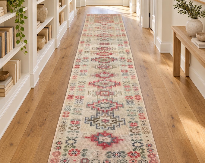 3x12 Vintage Turkish Oushak Hallway Runner, Handmade Wool Beige Pink Muted Geometric Decor