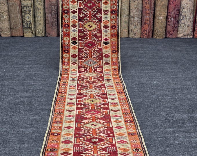 3x12 Vintage Turkish Runner Rug, Handmade Wool Red Tribal Anatolian Hallway Carpet (2'8" x 12'4")