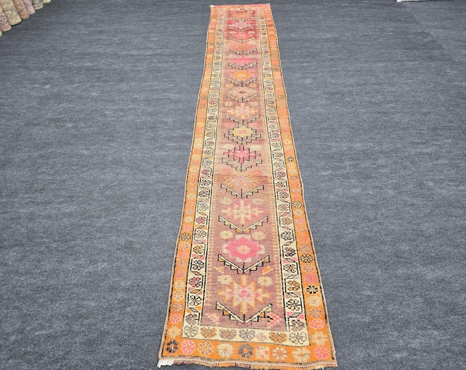3x15 Vintage Turkish Oushak Runner Rug, 2'8" x 14'7", Faded Pink Wool for Hallways
