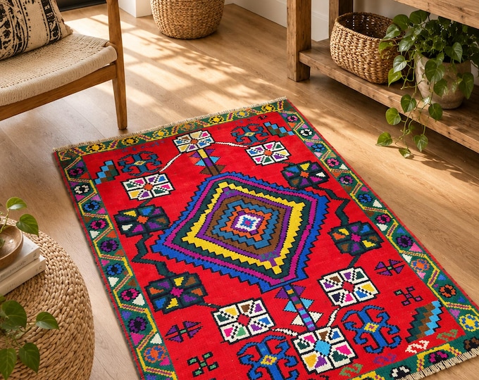 3x4 Vintage Turkish Rug, Colorful Red Wool Geometric Tribal Accent Rug