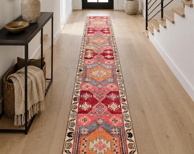 2x13 Vintage Turkish Oushak Runner Rug, Handmade Wool Geometric Hallway Carpet (2'0" × 12'9")