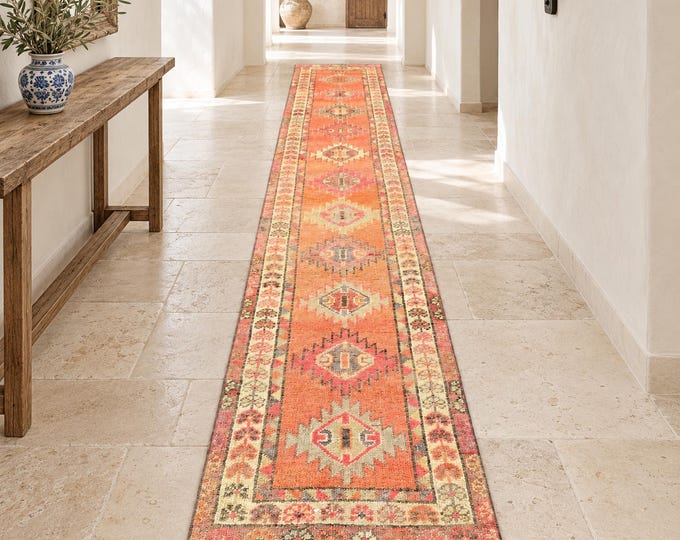2x13 Vintage Turkish Wool Runner Rug, Faded Orange Geometric Anatolian Design, 2'3" x 12'11"